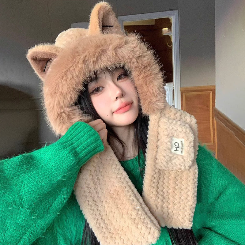 Bonnet & Écharpe 2-en-1 Renard – Chaleur & Style pour Femme et Enfant en Hiver